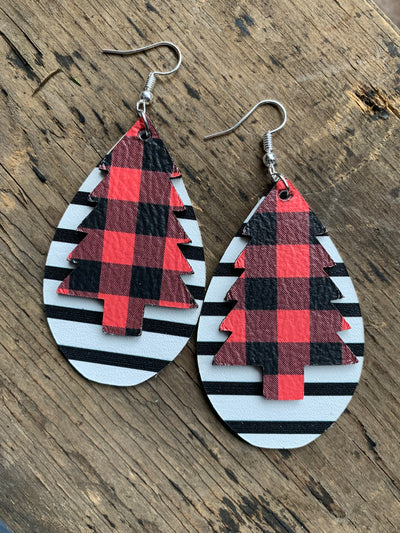 Christmas Tree Stripe and Red Buffalo Plaid Earrings - Jill's Jewels | Unique, Handcrafted, Trendy, And Fun Jewelry