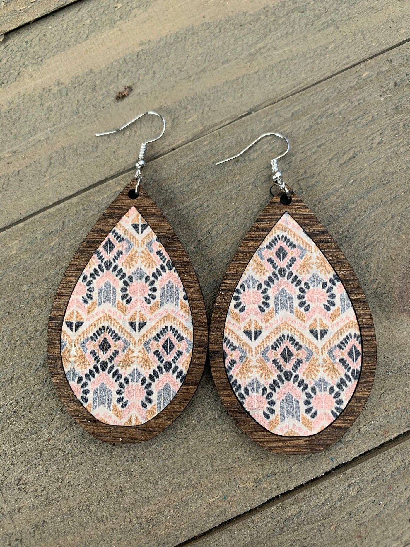 Pink and Mint Aztec Cork and Wood Teardrop Earrings - Jill's Jewels | Unique, Handcrafted, Trendy, And Fun Jewelry