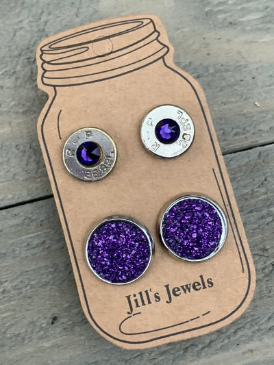 Purple Sparkle 38 Caliber bullet earring set - Jill's Jewels | Unique, Handcrafted, Trendy, And Fun Jewelry