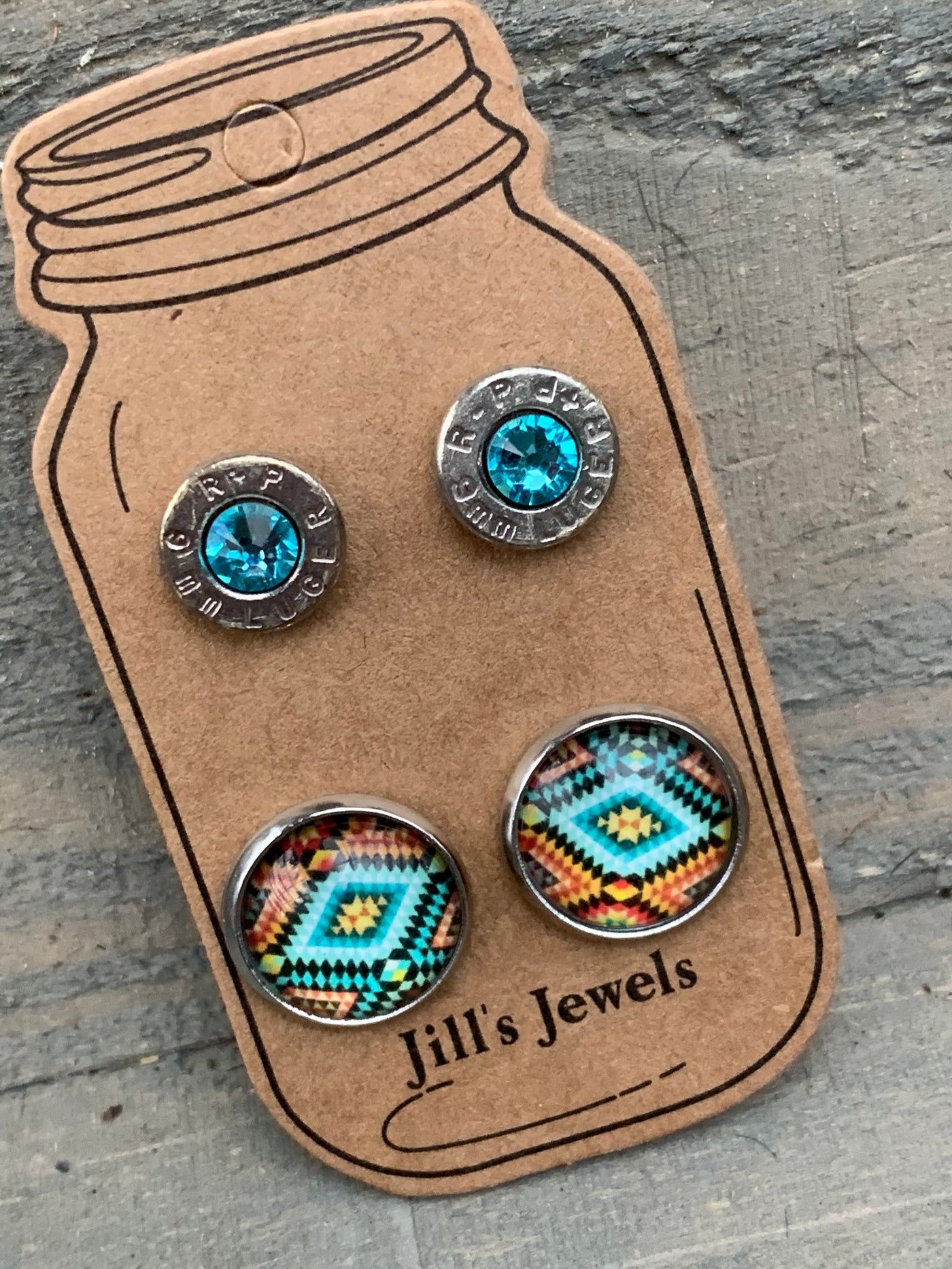 Turquoise Aztec 9mm bullet earring set - Jill's Jewels | Unique, Handcrafted, Trendy, And Fun Jewelry