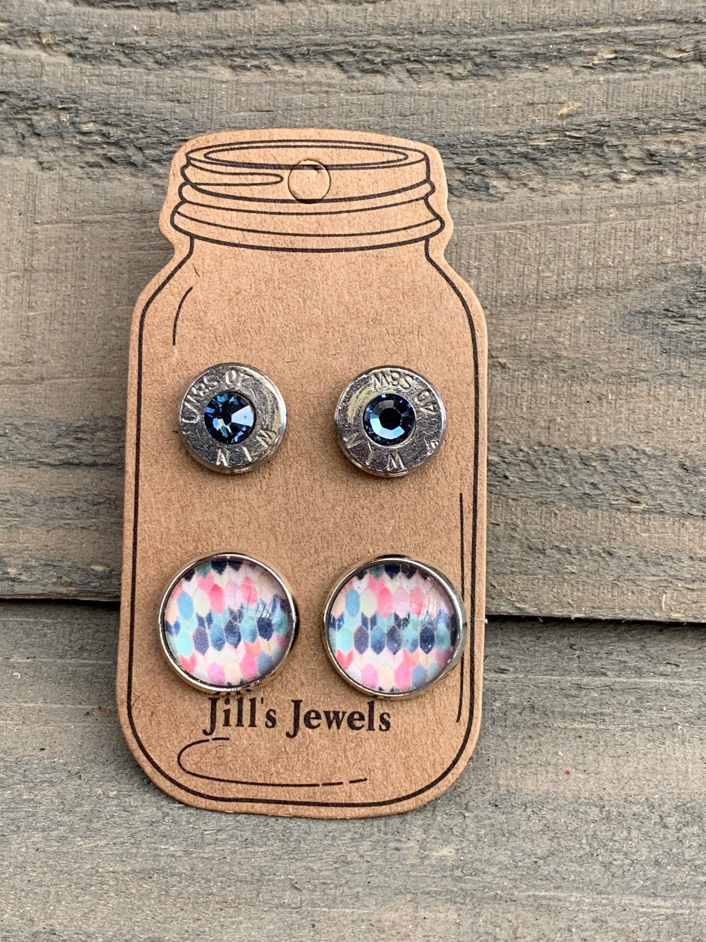 Blue and Pink Geometric 40 Caliber bullet earring set - Jill's Jewels | Unique, Handcrafted, Trendy, And Fun Jewelry