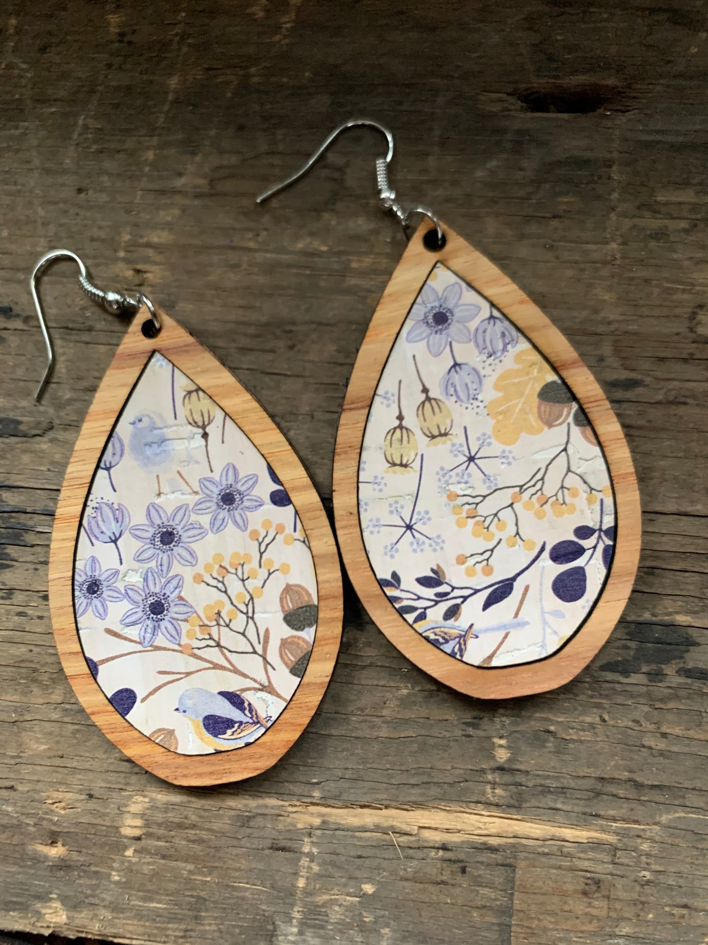 Blue and Yellow Cork Floral Wood Teardrop Earrings - Jill's Jewels | Unique, Handcrafted, Trendy, And Fun Jewelry