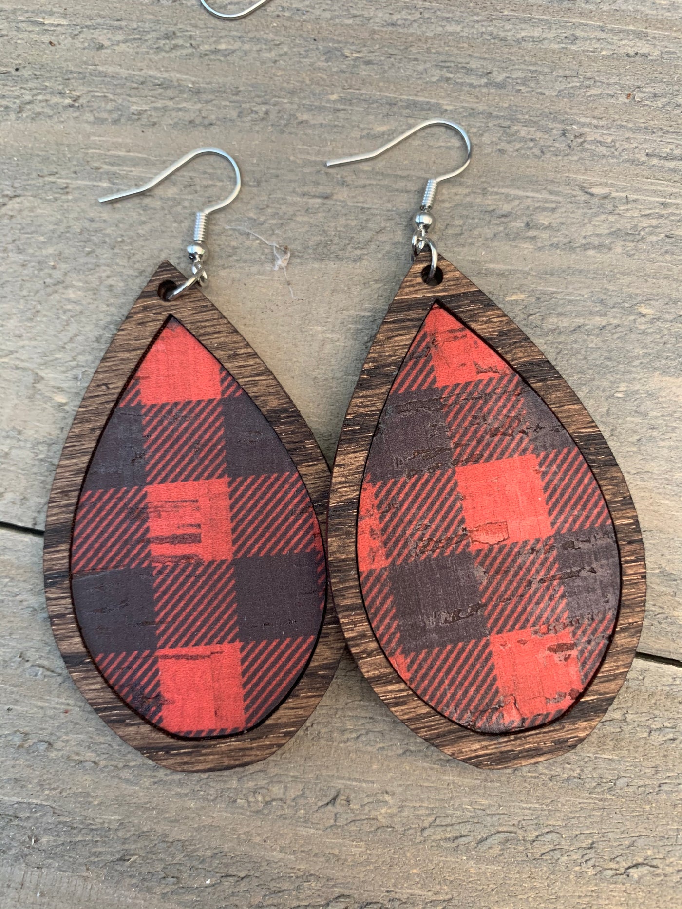 Red Buffalo Plaid Leather and Wood Teardrop Earrings - Jill's Jewels | Unique, Handcrafted, Trendy, And Fun Jewelry