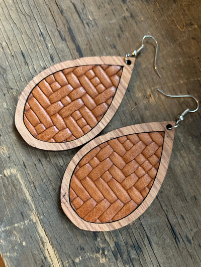 Saddle Brown Woven Leather Wood Teardrop Earrings - Jill's Jewels | Unique, Handcrafted, Trendy, And Fun Jewelry