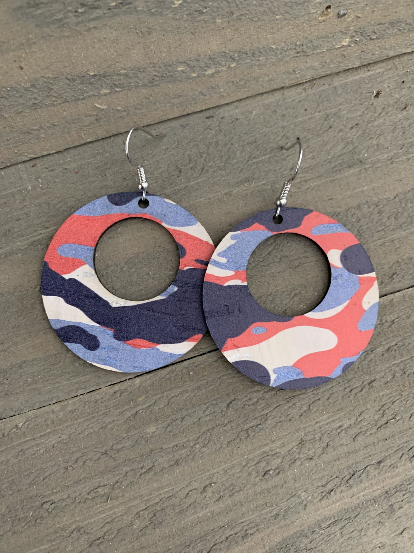 Red White and Blue Camo Cork Hoop Earring - Jill's Jewels | Unique, Handcrafted, Trendy, And Fun Jewelry