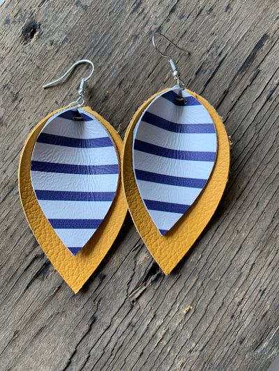 Mustard Leather earrings with blue and white stripes - Jill's Jewels | Unique, Handcrafted, Trendy, And Fun Jewelry