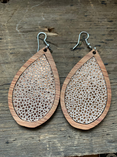 Rose Gold Stingray Leather Wood Teardrop Earrings - Jill's Jewels | Unique, Handcrafted, Trendy, And Fun Jewelry