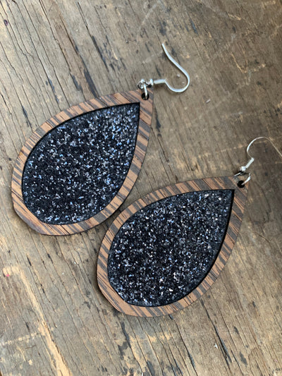 Black Glitter Wood Teardrop Earrings - Jill's Jewels | Unique, Handcrafted, Trendy, And Fun Jewelry