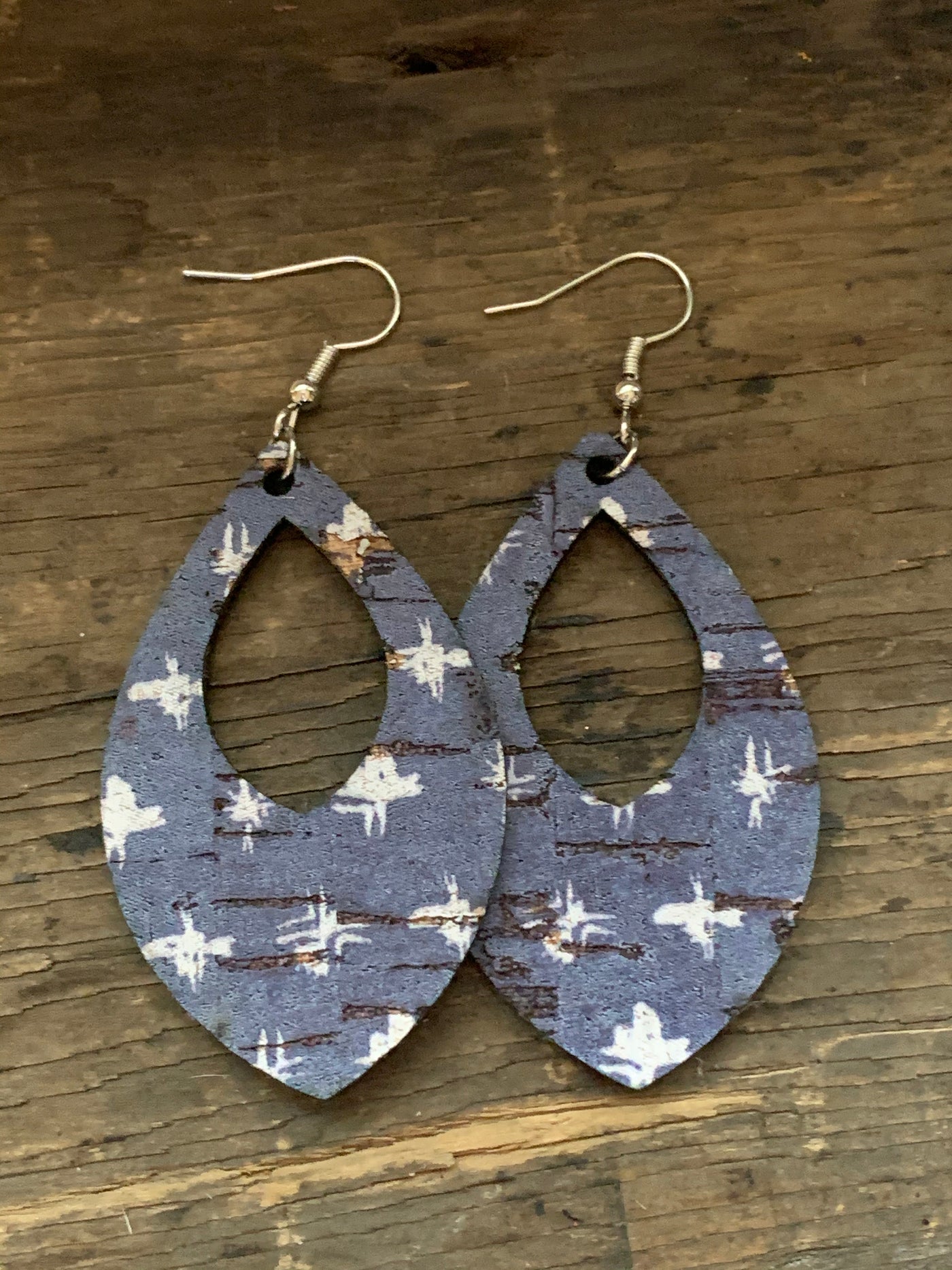 Denim Blue with White Star Cork Teardrop Earring - Jill's Jewels | Unique, Handcrafted, Trendy, And Fun Jewelry
