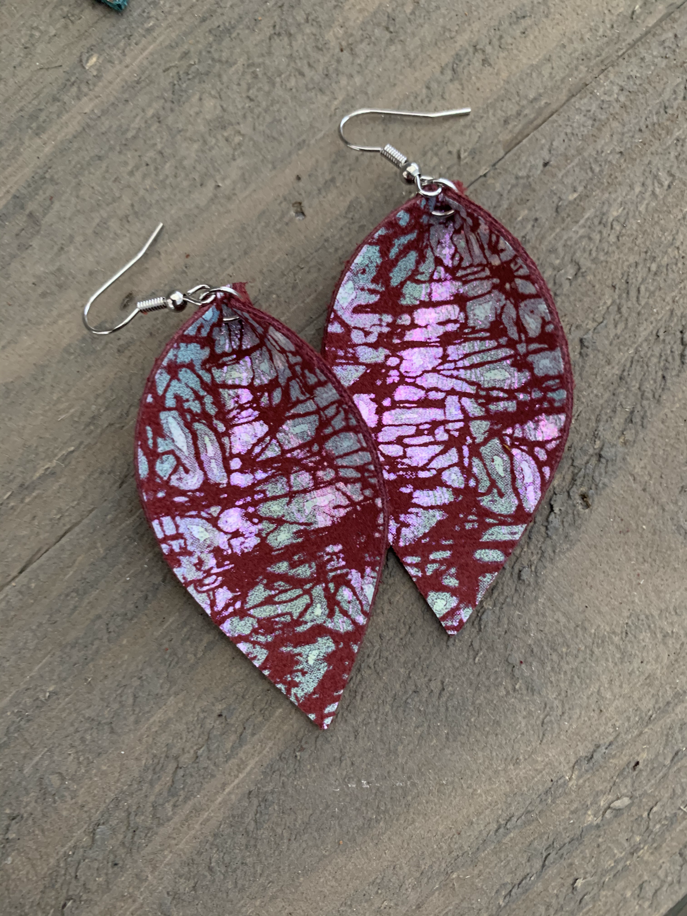 Holographic Maroon Red Leather Earrings - Jill's Jewels | Unique, Handcrafted, Trendy, And Fun Jewelry