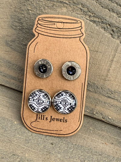 Black and White Aztec 40 Caliber bullet earring set - Jill's Jewels | Unique, Handcrafted, Trendy, And Fun Jewelry