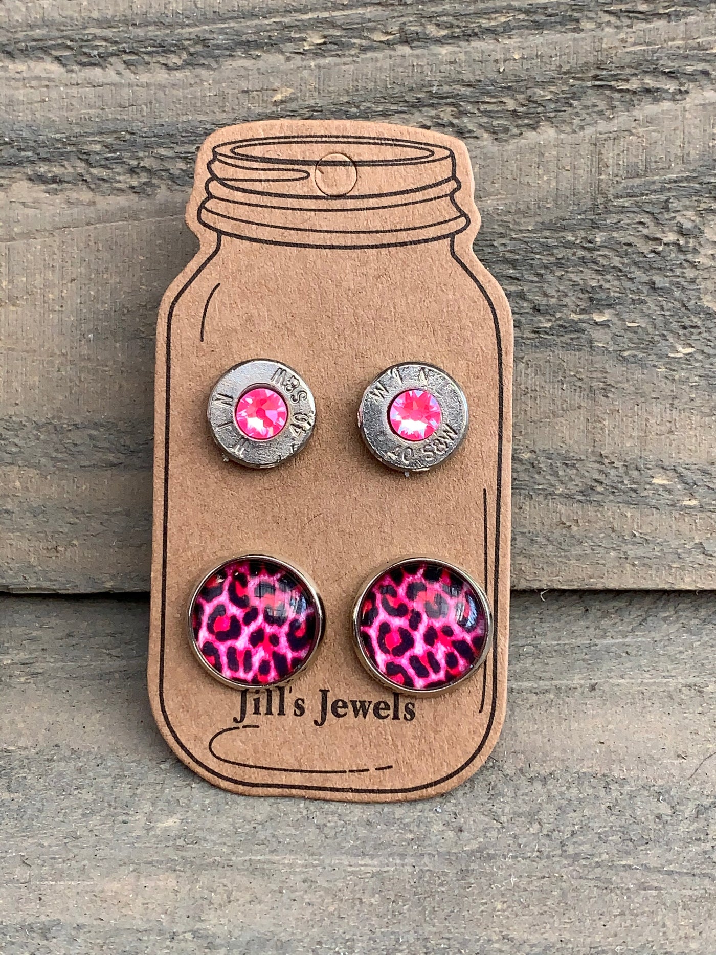 Hot Pink Leopard 40 Caliber bullet earring set - Jill's Jewels | Unique, Handcrafted, Trendy, And Fun Jewelry