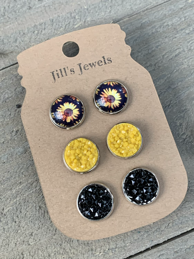 Black and Yellow Sunflower Faux Druzy Earring 3 Set - Jill's Jewels | Unique, Handcrafted, Trendy, And Fun Jewelry