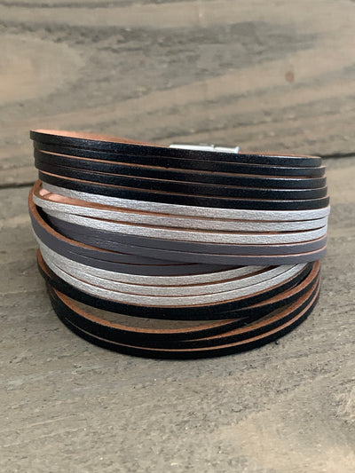 Black and Silver Leather Magnetic Bracelet - Jill's Jewels | Unique, Handcrafted, Trendy, And Fun Jewelry