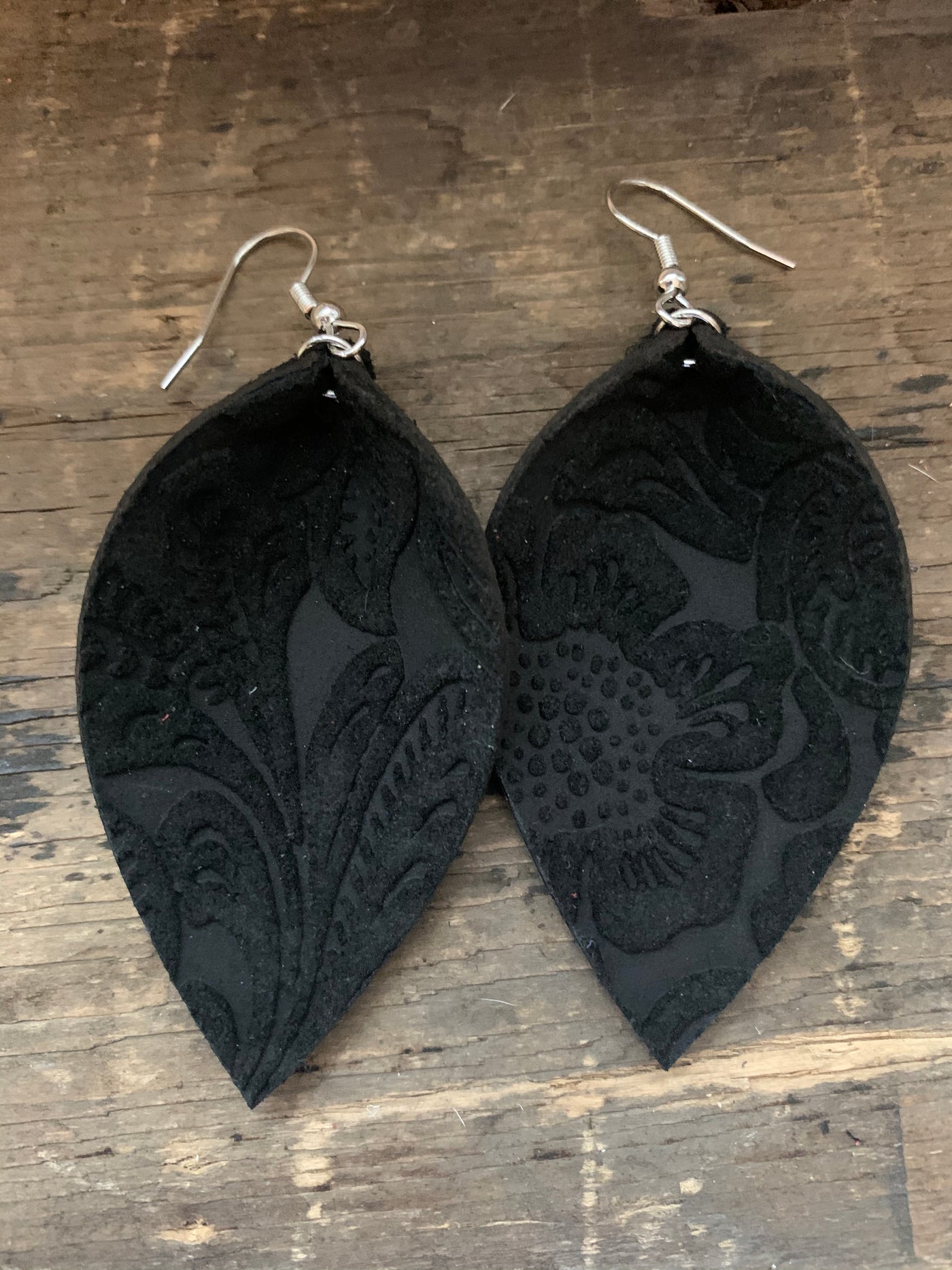 Black Suede Carved Floral Leather Earrings - Jill's Jewels | Unique, Handcrafted, Trendy, And Fun Jewelry