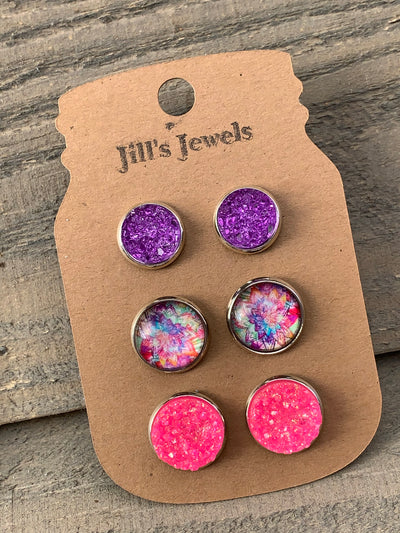 Purple and Pink Rainbow Faux Druzy Earring 3 Set - Jill's Jewels | Unique, Handcrafted, Trendy, And Fun Jewelry