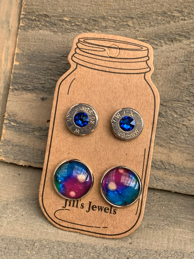 Blue Rainbow Splash 40 Caliber bullet earring set - Jill's Jewels | Unique, Handcrafted, Trendy, And Fun Jewelry