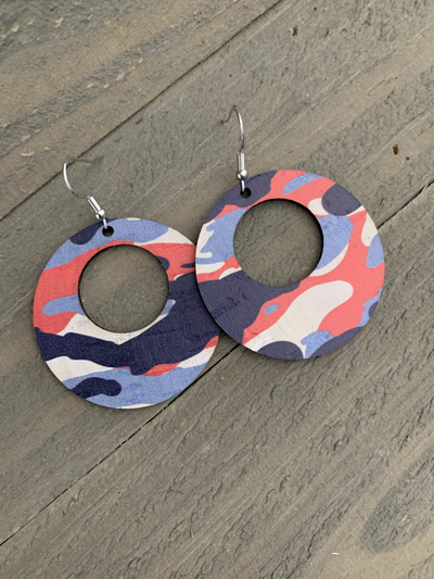 Red White and Blue Camo Cork Hoop Earring - Jill's Jewels | Unique, Handcrafted, Trendy, And Fun Jewelry