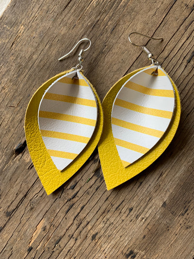 Yellow Leather earrings with white stripes - Jill's Jewels | Unique, Handcrafted, Trendy, And Fun Jewelry