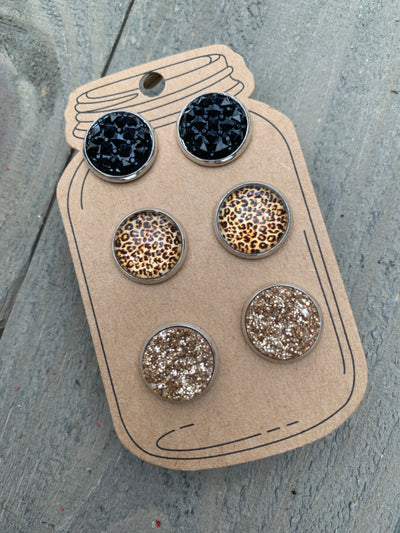 Black and Gold Leopard Faux Druzy Earring 3 Set - Jill's Jewels | Unique, Handcrafted, Trendy, And Fun Jewelry