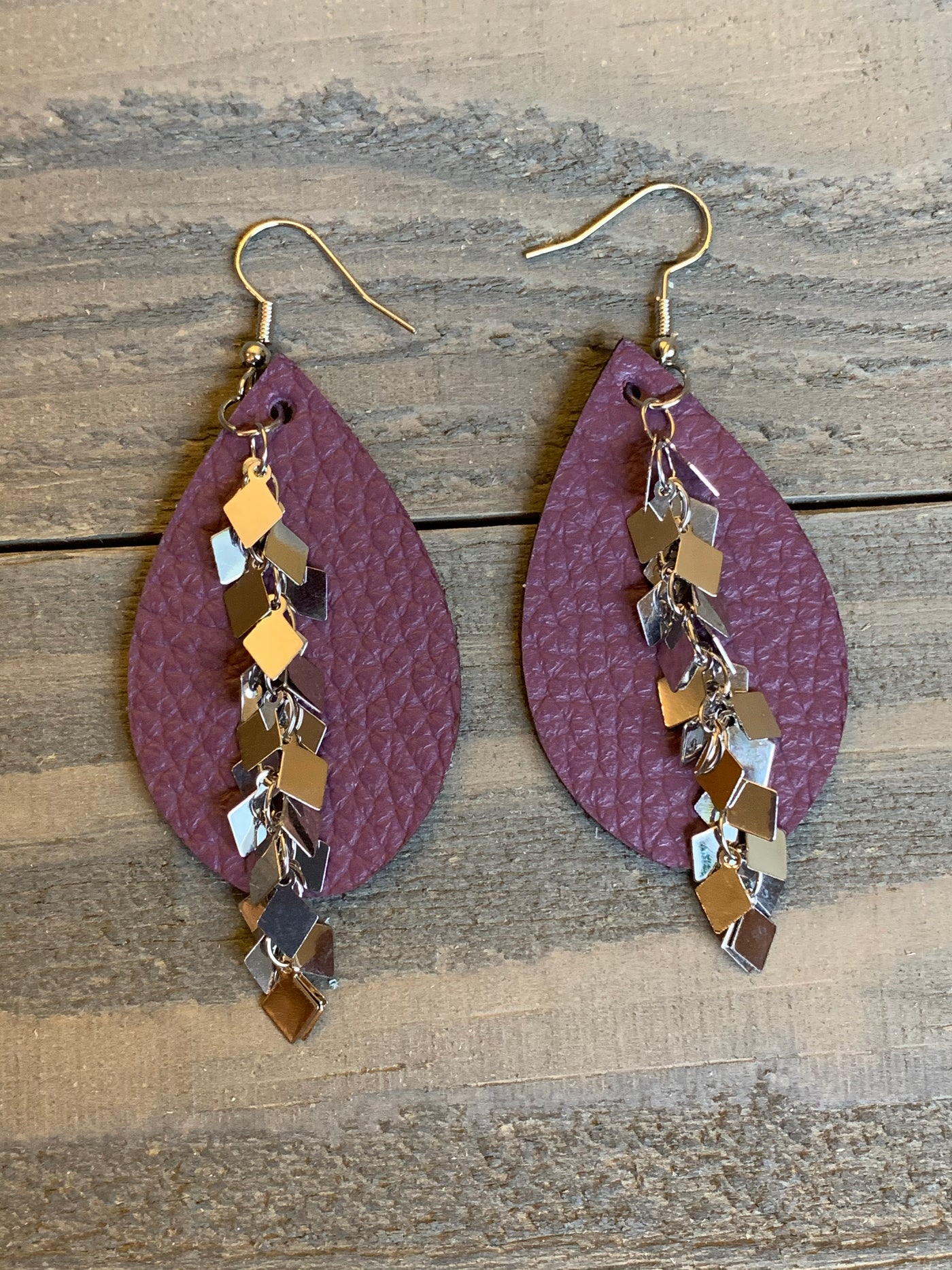 Plum Purple Leather Earrings with Silver Diamond Chain - Jill's Jewels | Unique, Handcrafted, Trendy, And Fun Jewelry