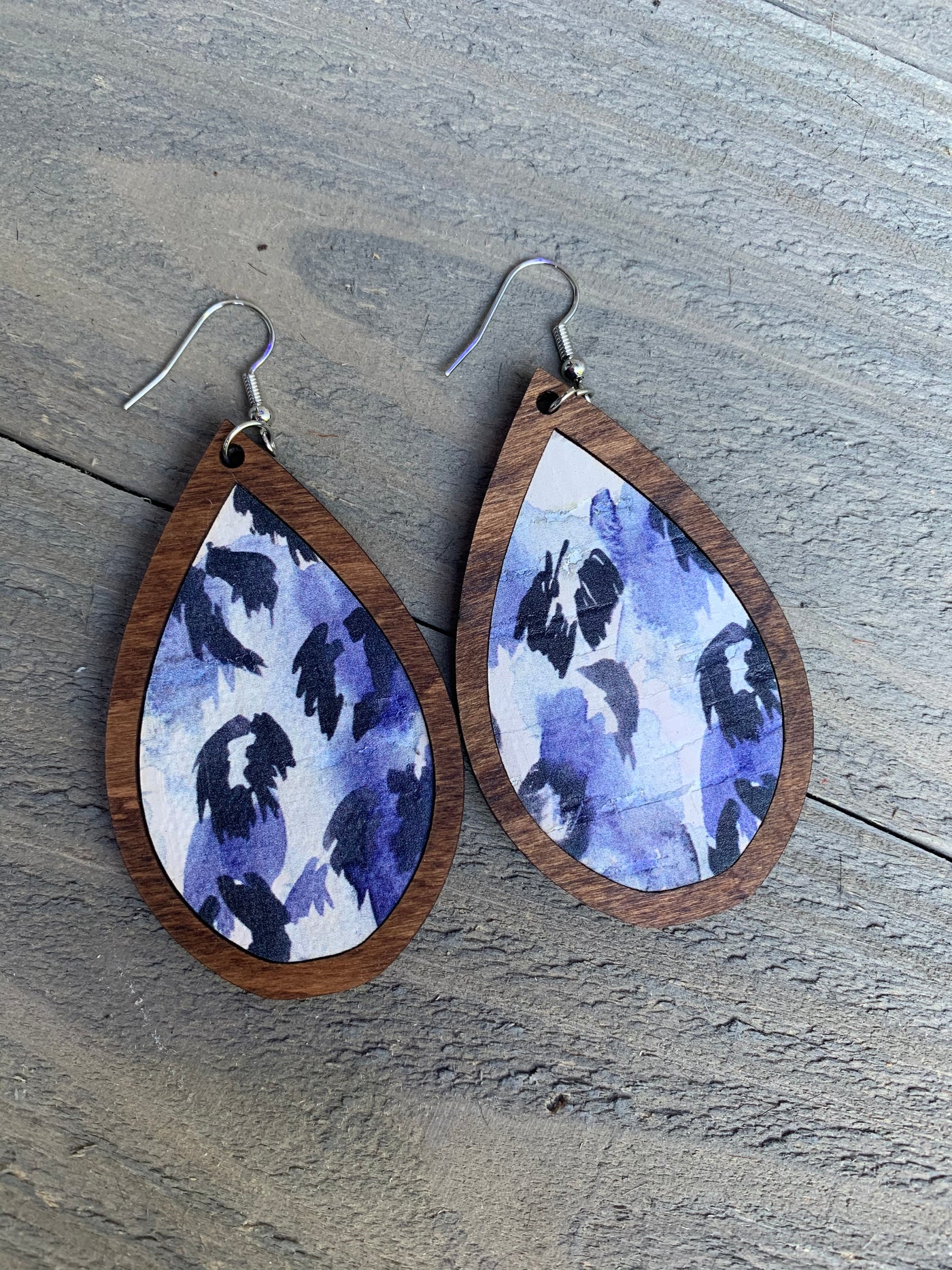 Blue Leopard and Wood Teardrop Earrings - Jill's Jewels | Unique, Handcrafted, Trendy, And Fun Jewelry