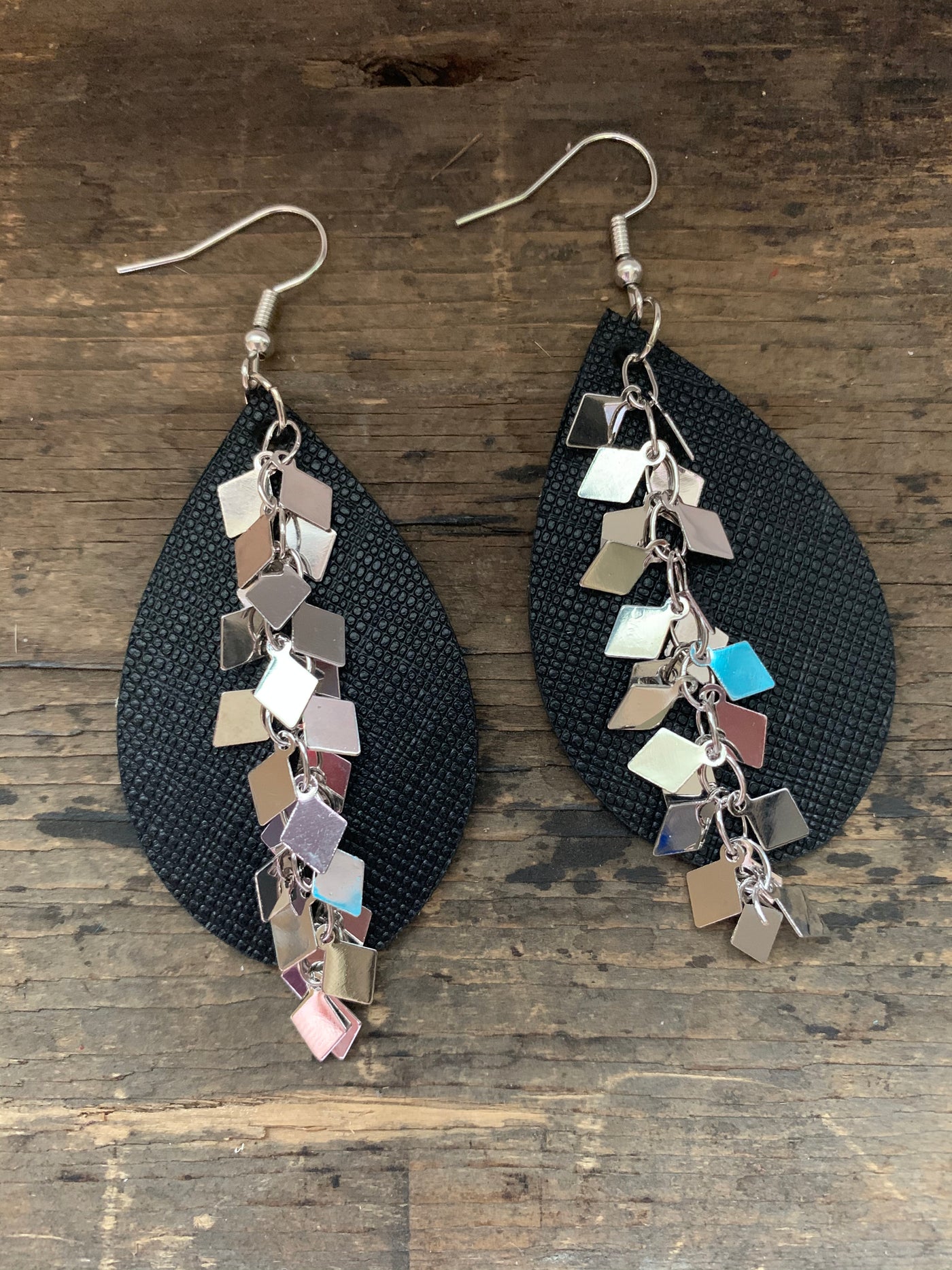 Black Leather Earrings with Silver Diamond Chain - Jill's Jewels | Unique, Handcrafted, Trendy, And Fun Jewelry