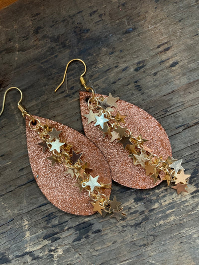 Rust Gold Sparkle Leather Earrings with Gold Star Chain - Jill's Jewels | Unique, Handcrafted, Trendy, And Fun Jewelry