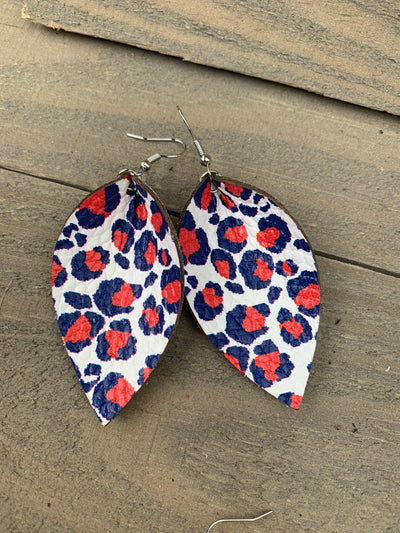 Red White and Blue Leopard Leather Earrings - Jill's Jewels | Unique, Handcrafted, Trendy, And Fun Jewelry