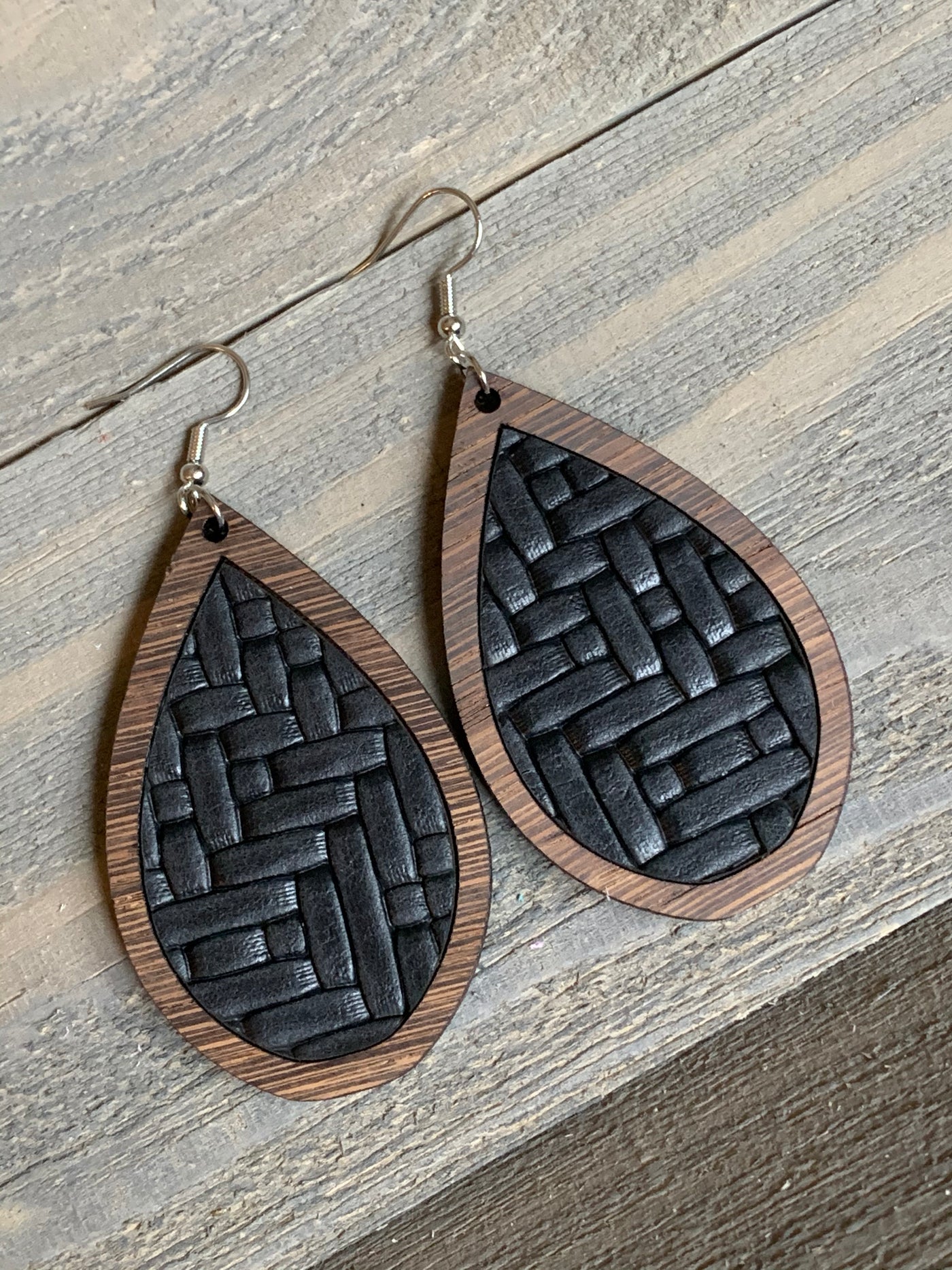 Black Basket Weave Leather and Wood Teardrop Earrings - Jill's Jewels | Unique, Handcrafted, Trendy, And Fun Jewelry