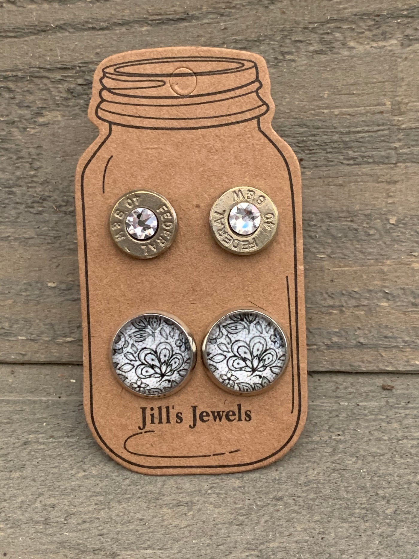 Black and White Lace 40 Caliber bullet earring set - Jill's Jewels | Unique, Handcrafted, Trendy, And Fun Jewelry