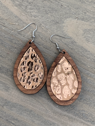 Rose Gold Leopard Cork and Wood Teardrop Earrings - Jill's Jewels | Unique, Handcrafted, Trendy, And Fun Jewelry