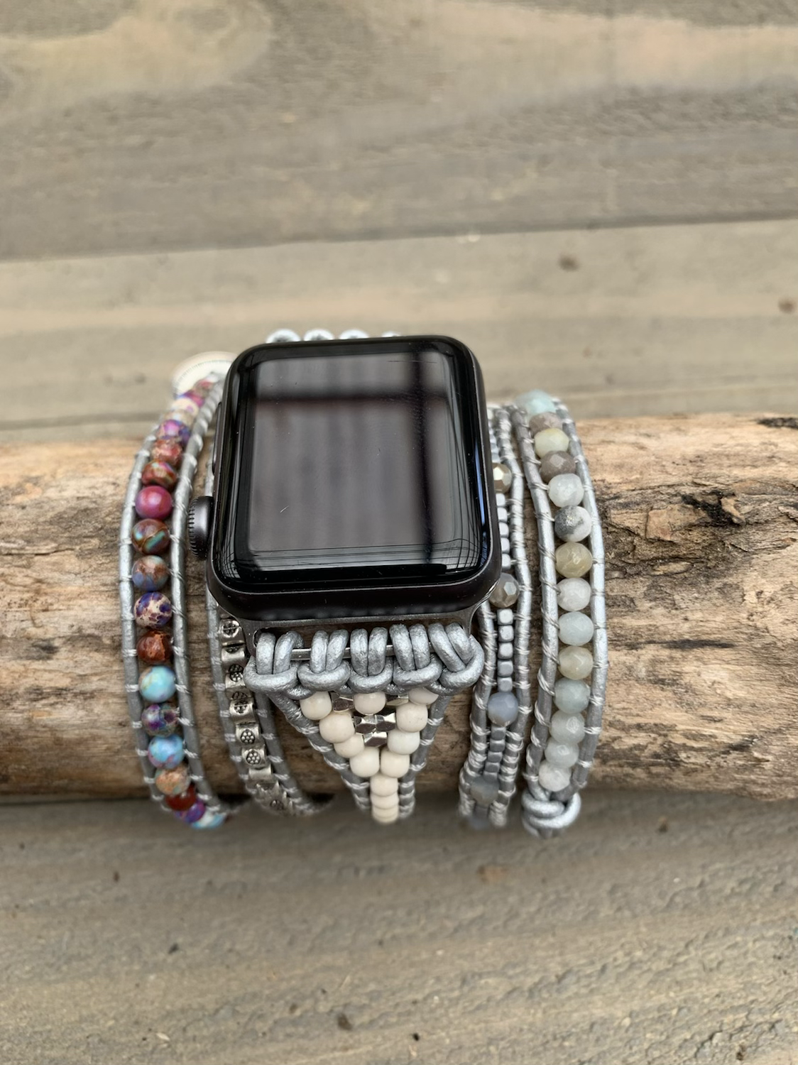 Silver Multi Colored Beaded Smart Watch Wrap Bracelet - Jill's Jewels | Unique, Handcrafted, Trendy, And Fun Jewelry