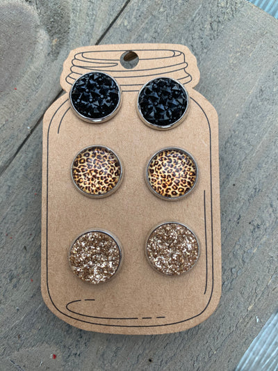 Black and Gold Leopard Faux Druzy Earring 3 Set - Jill's Jewels | Unique, Handcrafted, Trendy, And Fun Jewelry