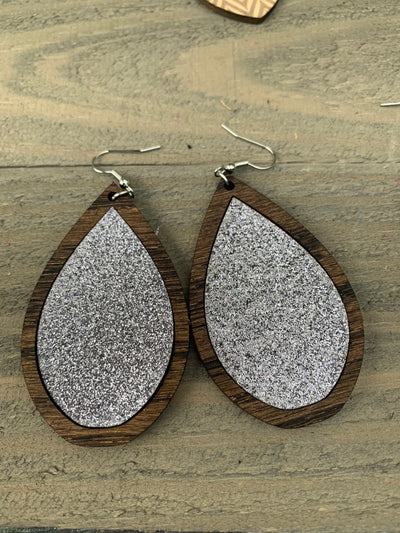 Silver Glitter and Wood Teardrop Earrings - Jill's Jewels | Unique, Handcrafted, Trendy, And Fun Jewelry