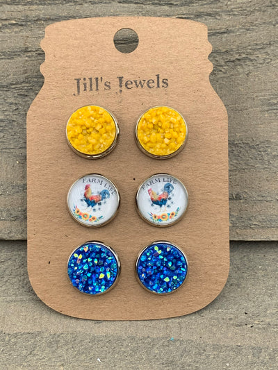 Farm Life Chicken Mustard Faux Druzy Earring 3 Set - Jill's Jewels | Unique, Handcrafted, Trendy, And Fun Jewelry