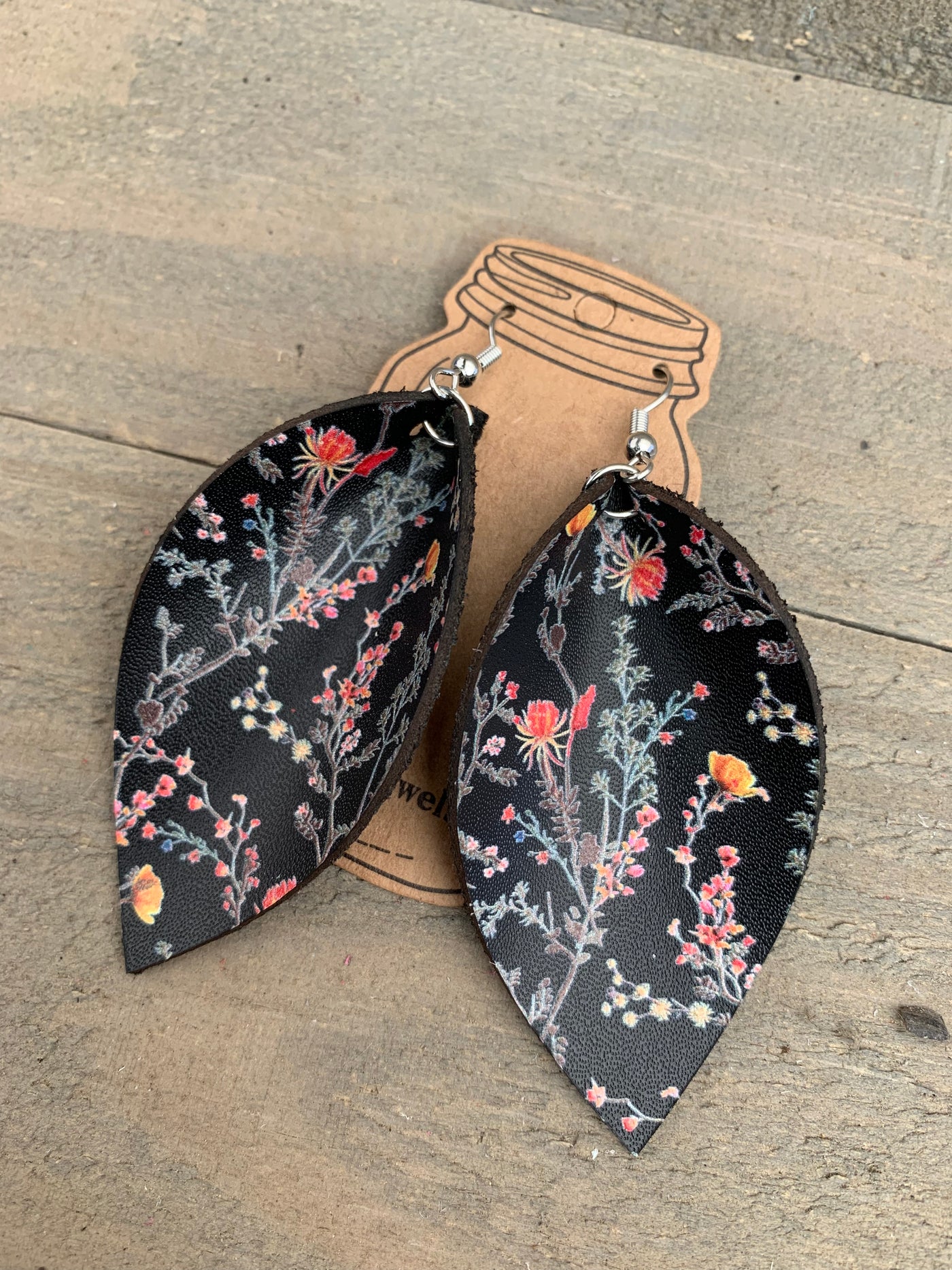 Black Orange Floral Leather Earrings - Jill's Jewels | Unique, Handcrafted, Trendy, And Fun Jewelry