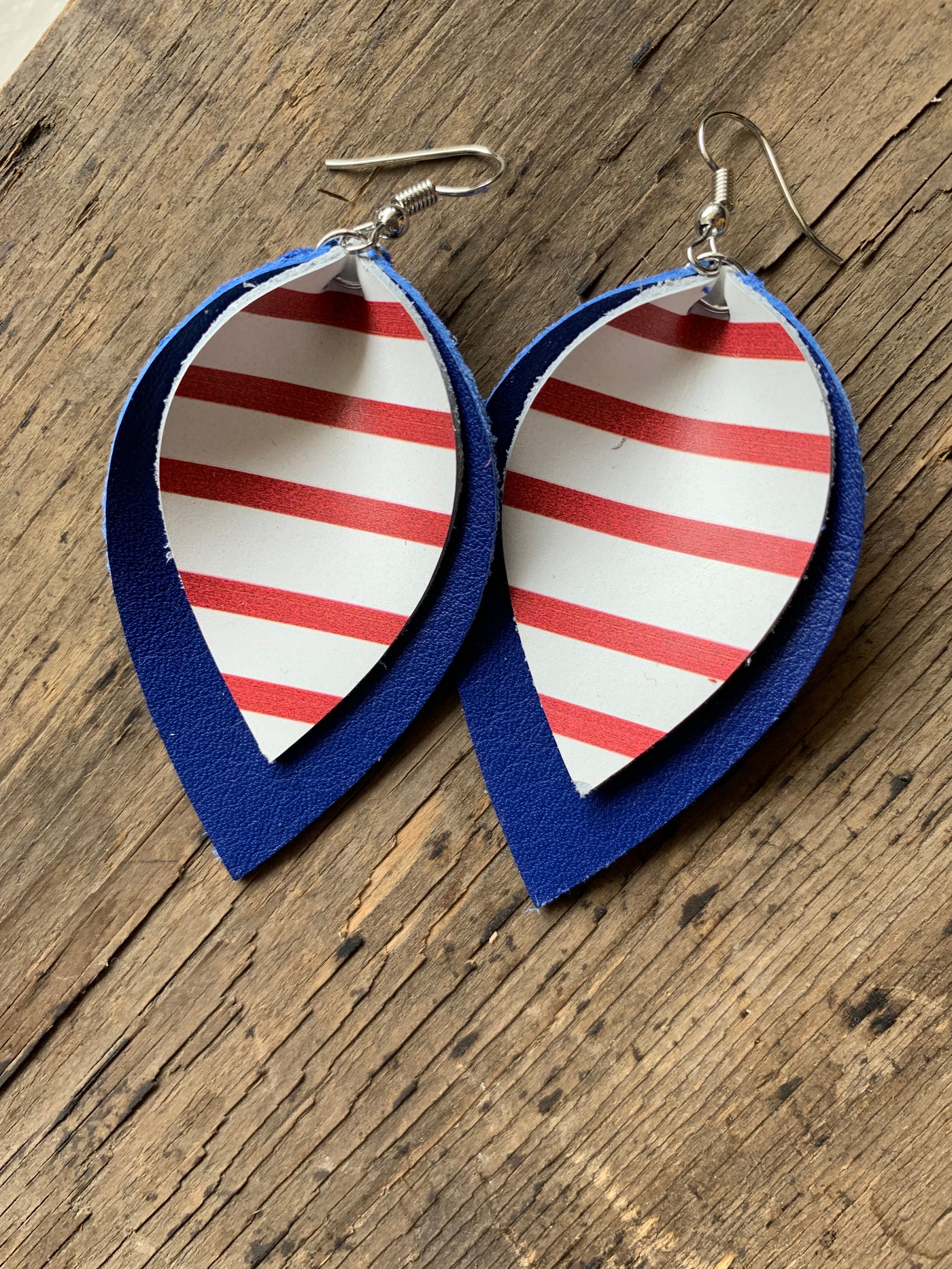Blue Leather earrings with red and white stripes - Jill's Jewels | Unique, Handcrafted, Trendy, And Fun Jewelry