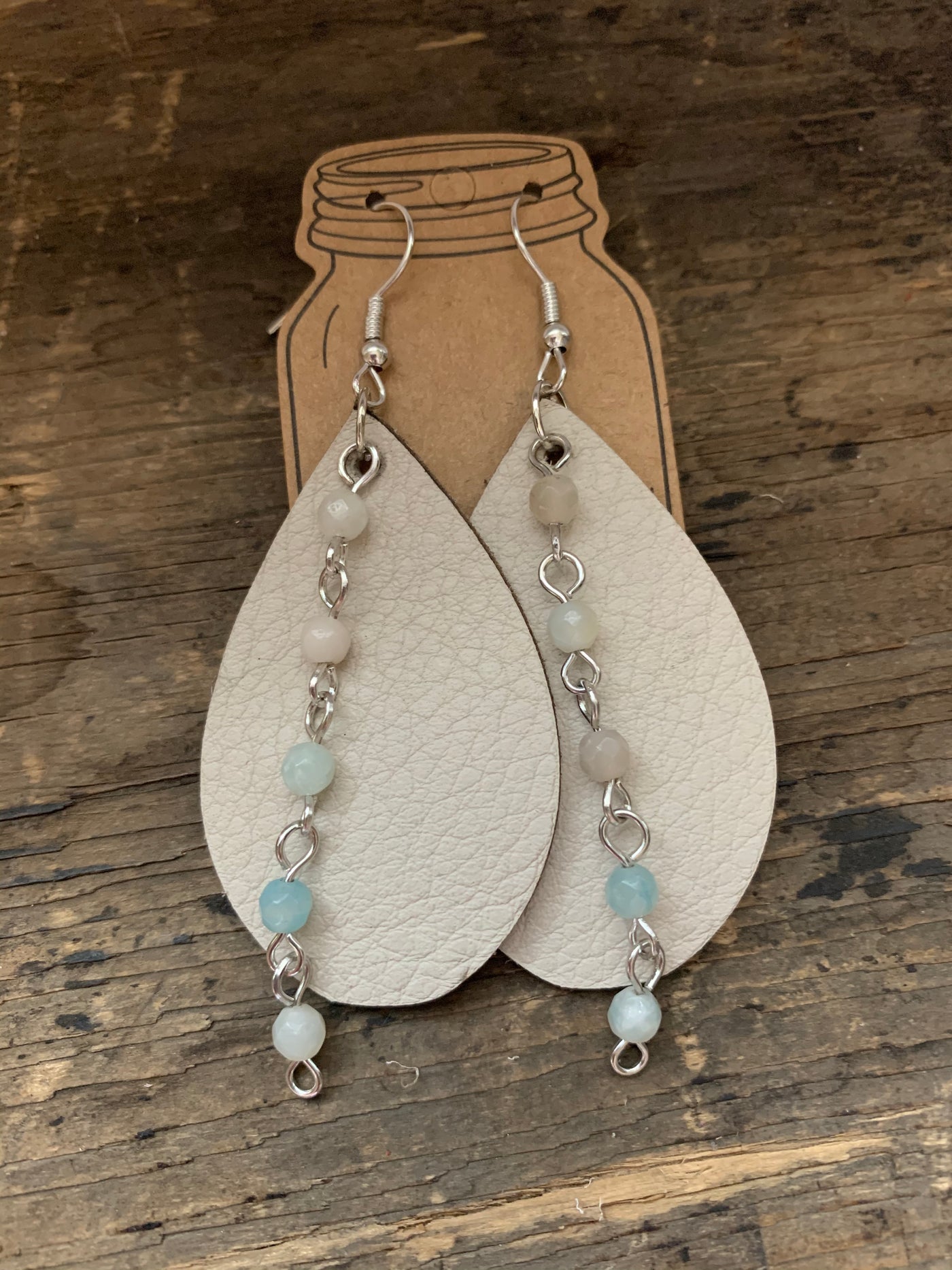 Cream Leather Earrings with Mint Gemstone Chain - Jill's Jewels | Unique, Handcrafted, Trendy, And Fun Jewelry