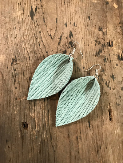 Mint palm leaf textured leather earring - Jill's Jewels | Unique, Handcrafted, Trendy, And Fun Jewelry