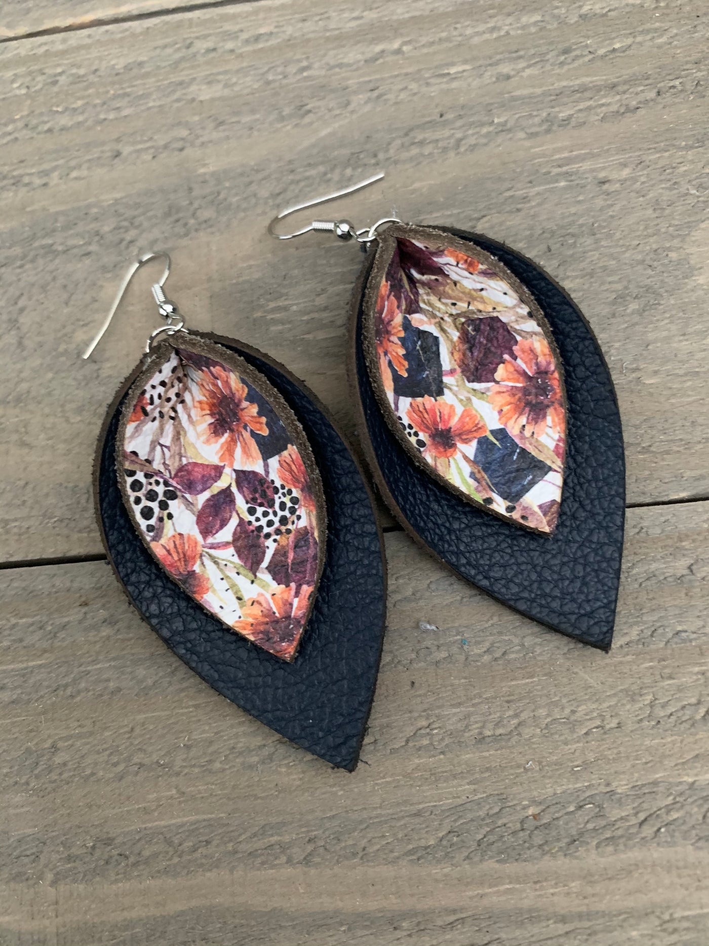 Navy Floral Fall leather earrings - Jill's Jewels | Unique, Handcrafted, Trendy, And Fun Jewelry