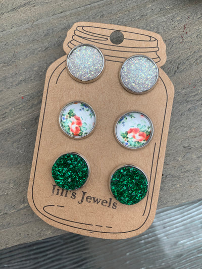 Green and White Floral Faux Druzy Earring 3 Set - Jill's Jewels | Unique, Handcrafted, Trendy, And Fun Jewelry