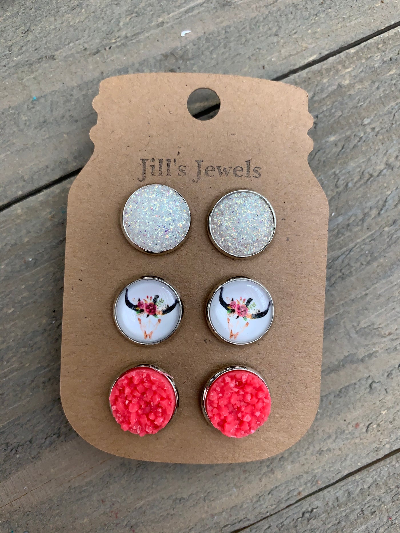 Coral Floral Cow Skull Faux Druzy Earring 3 Set - Jill's Jewels | Unique, Handcrafted, Trendy, And Fun Jewelry