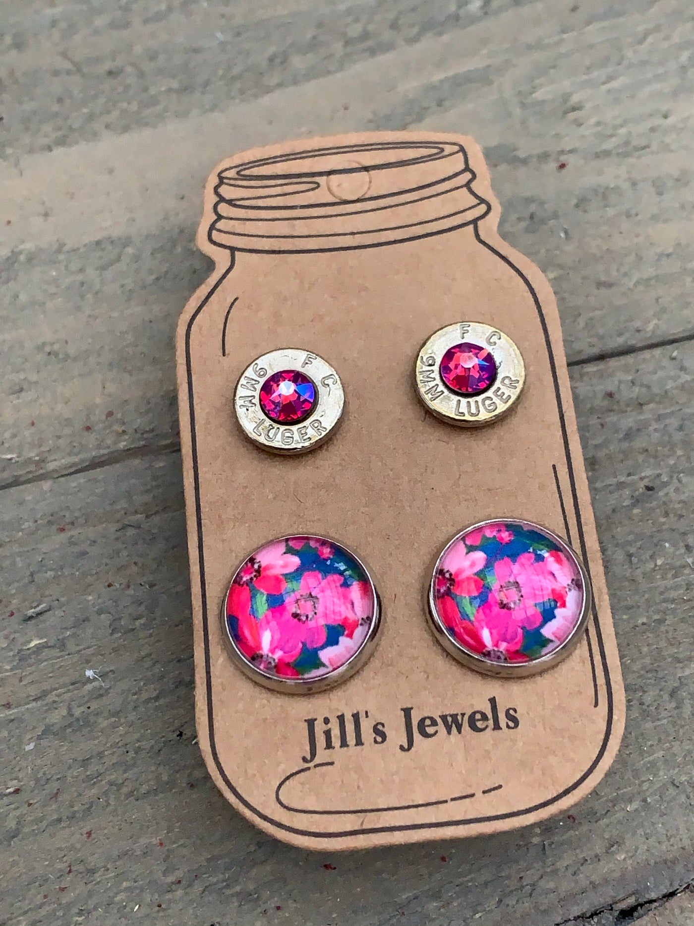 Pink and Blue Floral 40 Caliber bullet earring set - Jill's Jewels | Unique, Handcrafted, Trendy, And Fun Jewelry