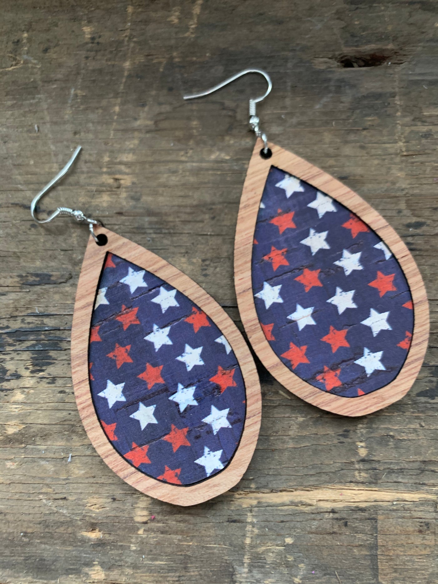 Red white and blue Star Cork Wood Teardrop Earrings - Jill's Jewels | Unique, Handcrafted, Trendy, And Fun Jewelry