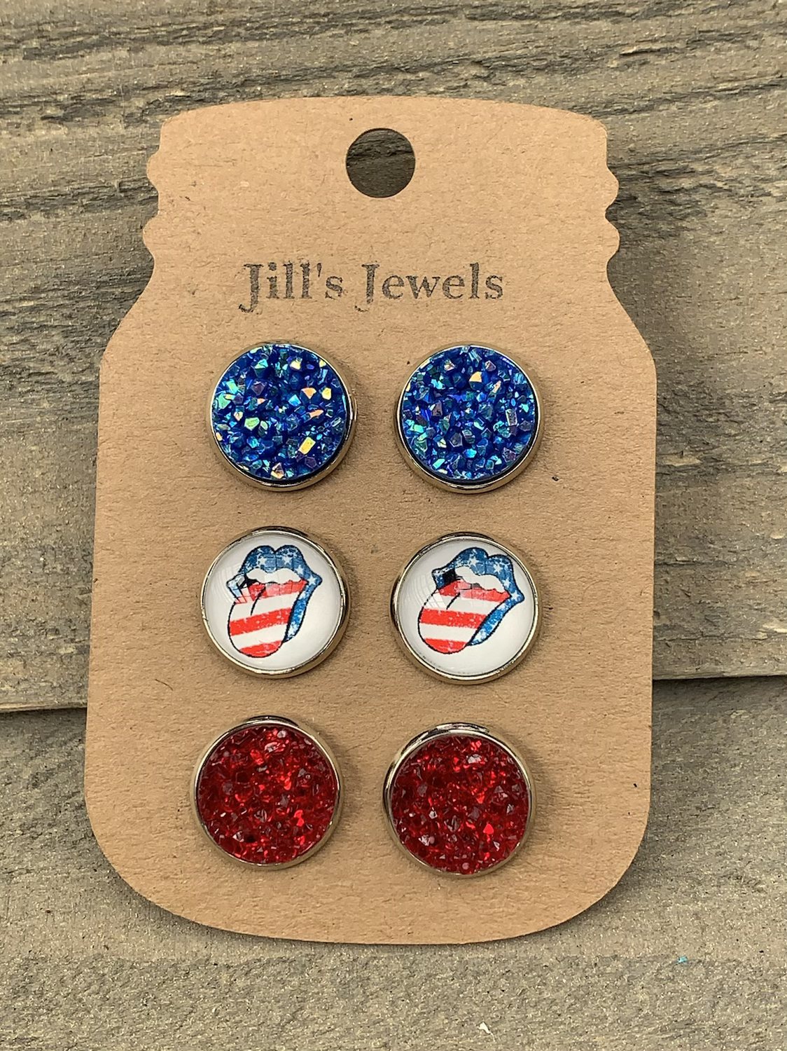 Red White and Blue Lip Faux Druzy Earring 3 Set - Jill's Jewels | Unique, Handcrafted, Trendy, And Fun Jewelry