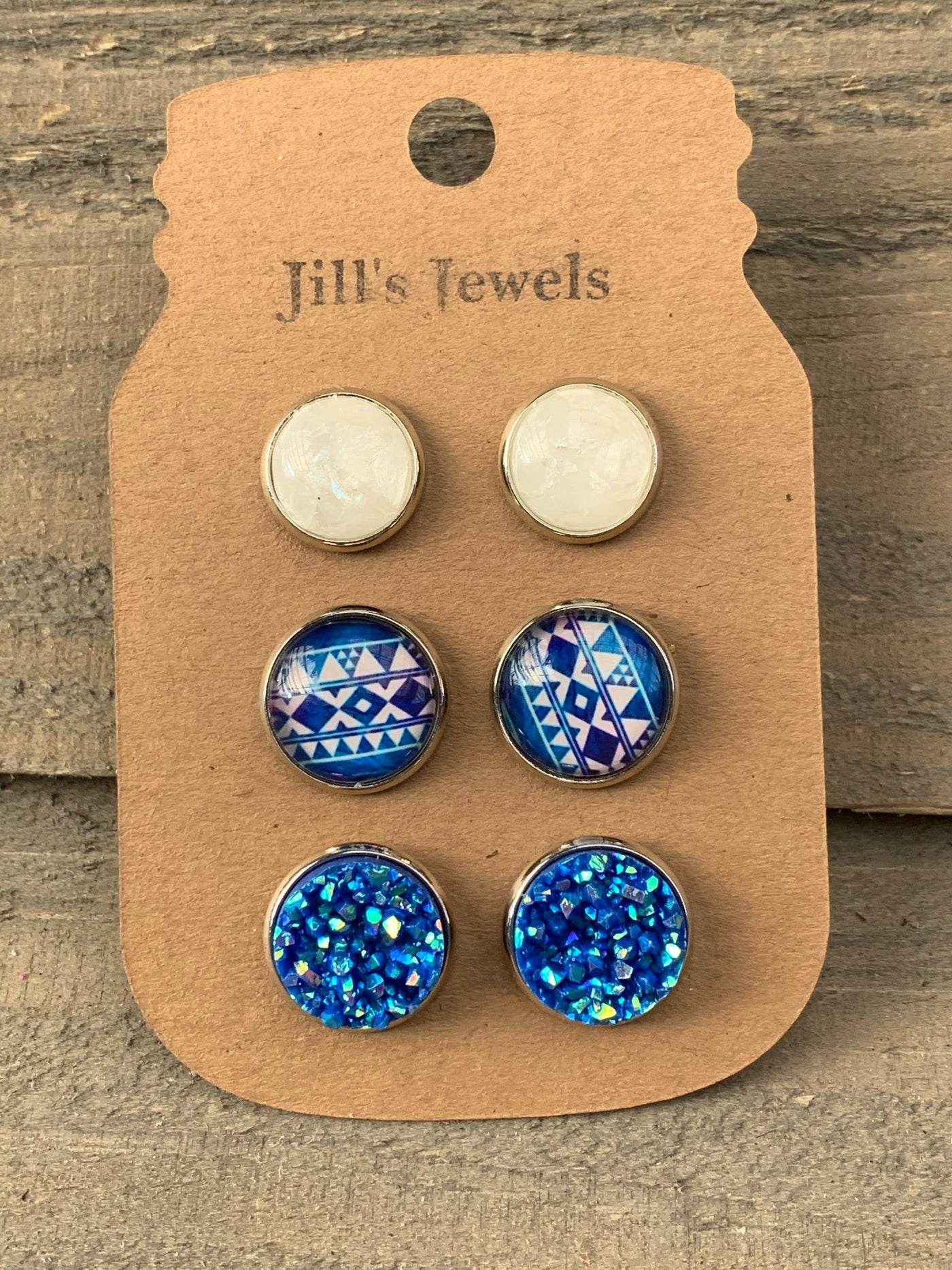 Blue and White Aztec Faux Druzy Earring 3 Set - Jill's Jewels | Unique, Handcrafted, Trendy, And Fun Jewelry
