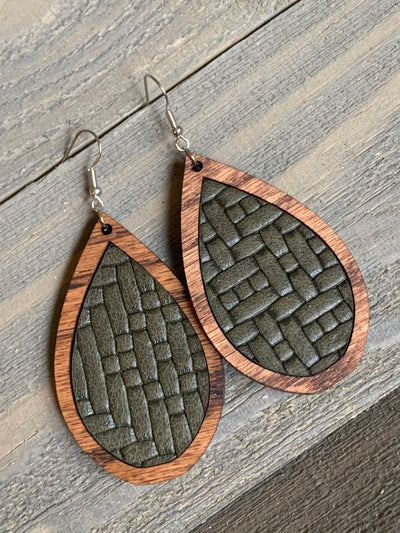 Olive Basket Weave Leather and Wood Teardrop Earrings - Jill's Jewels | Unique, Handcrafted, Trendy, And Fun Jewelry