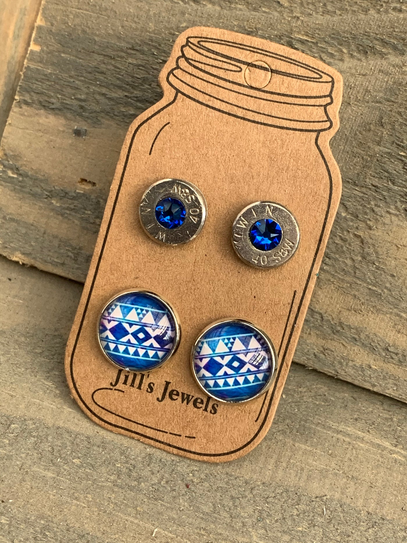 Blue and White Aztec 40 Caliber bullet earring set - Jill's Jewels | Unique, Handcrafted, Trendy, And Fun Jewelry