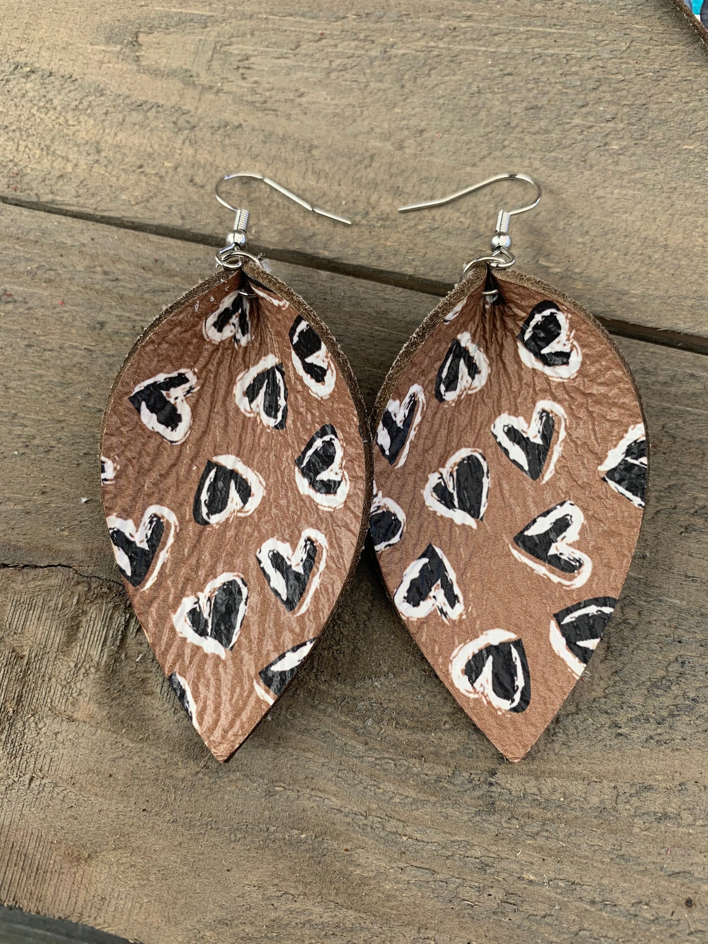 Tan and Black Heart Leather Earrings - Jill's Jewels | Unique, Handcrafted, Trendy, And Fun Jewelry